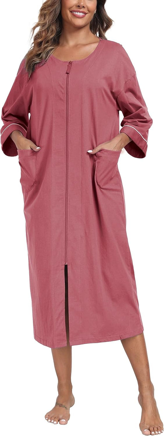 ANLIQI Women's 100% Cotton Robes Long Zipper Front House coats 3/4 Sleeve Bathrobes Lightweight Full Length Robe with Pockets