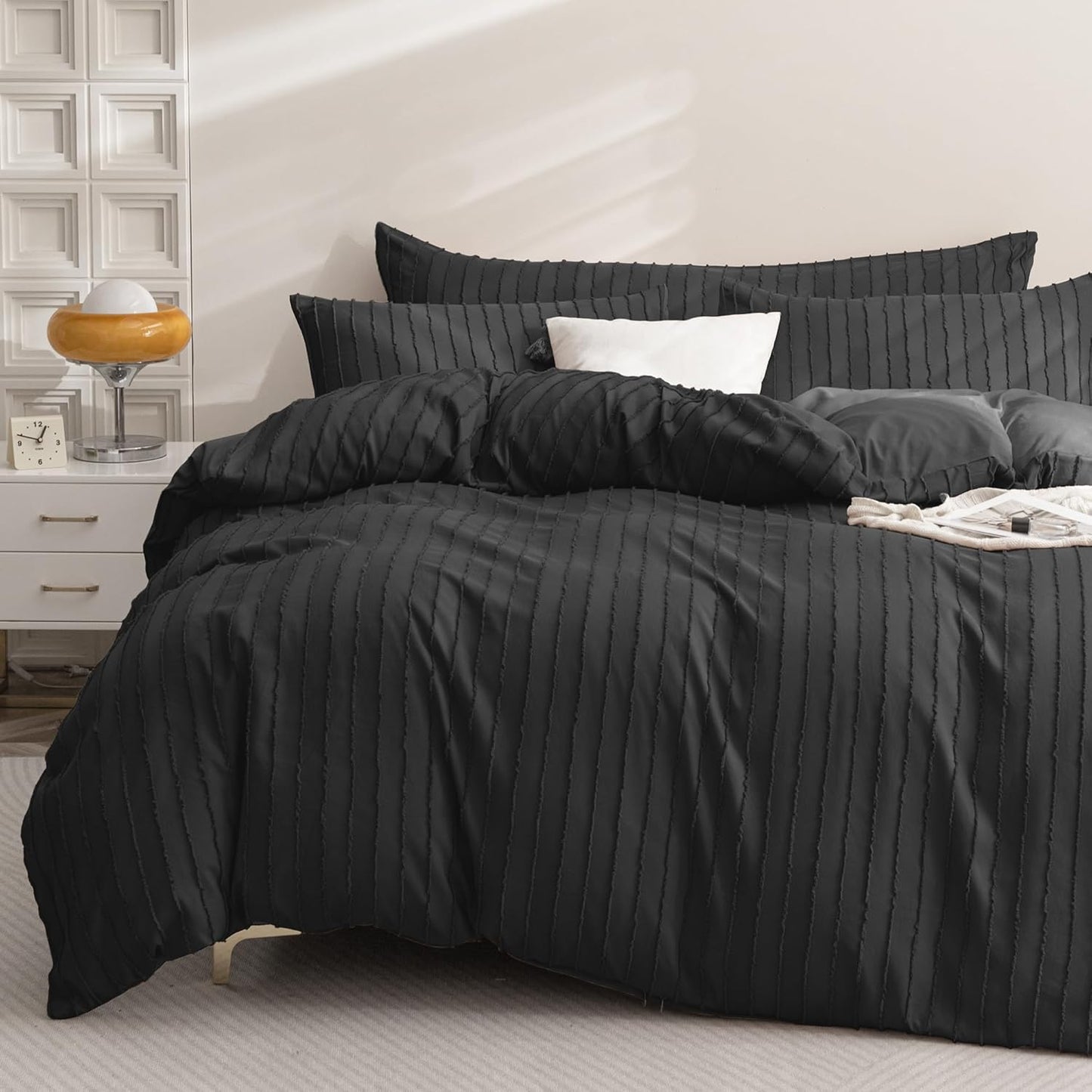 JELLYMONI Duvet Cover King Size Black - 3PCS Boho Striped Duvet Cover Set Polyester Tufted Bohemian Textured Comforter Cover with Corner Ties & Zipper Closure