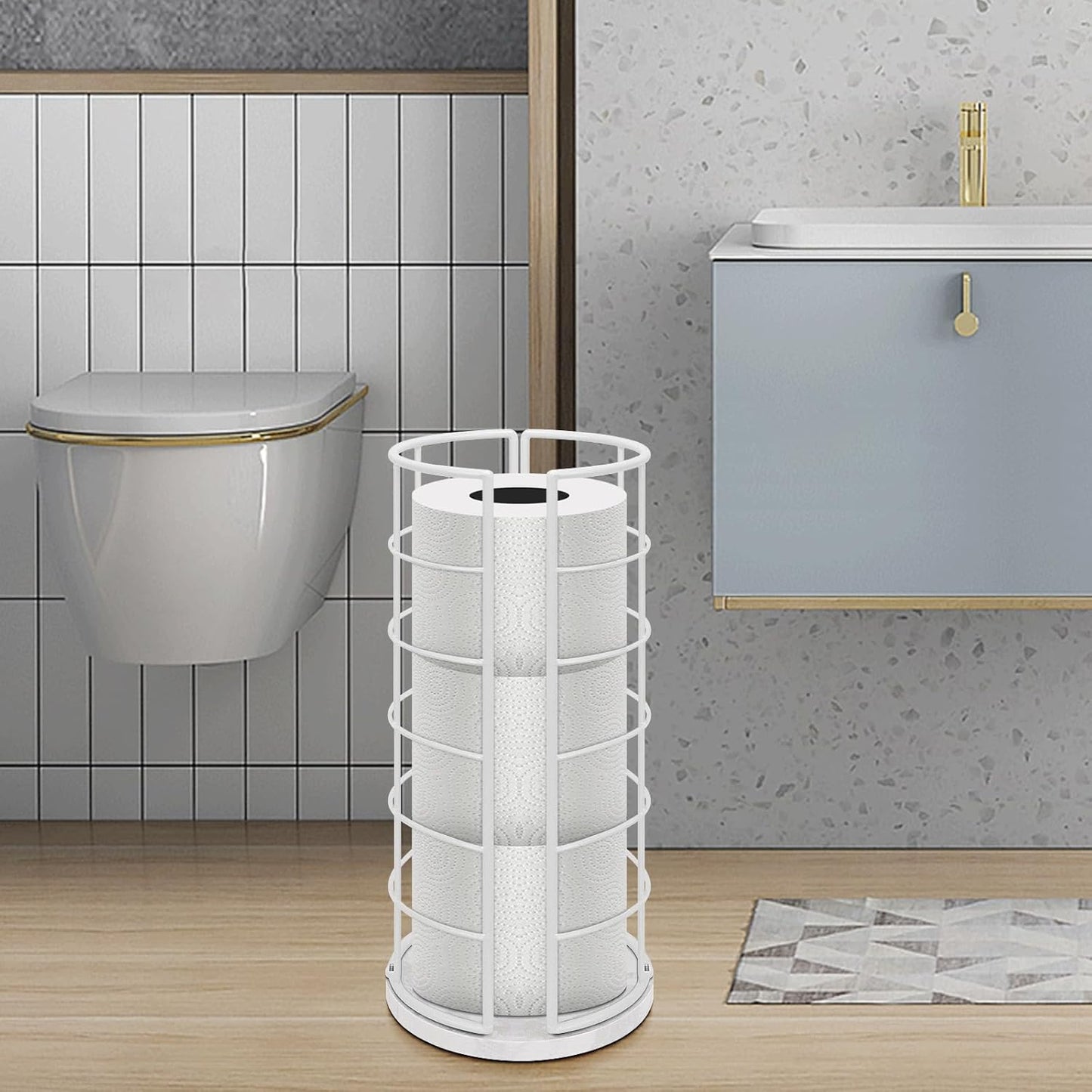 NearMoon Toilet Paper Organizer Stand, Free Standing 3 Rolls Tissue Storage, Metal Bathroom Accessory, Rustproof Toilet Roll Holder for Kitchen Countertop Inside Cabinet Shelf(Marble Base, White)