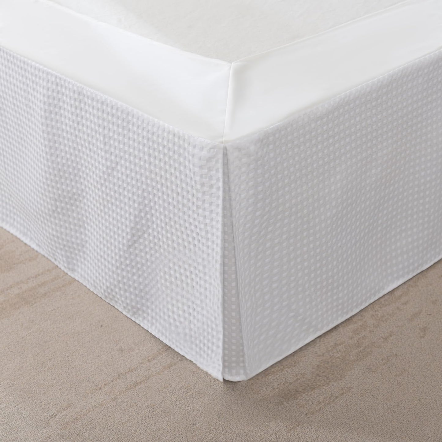 Queen Bed Skirt, Wrap Around Bed Skirt with Pleated Corner, 14 Inch Drop Pleated Waffle Weave Bedskirts, Anti-Slip, Microfiber, White, 14'' Queen