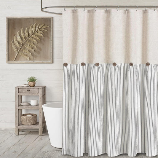 Farmhouse Shower Curtain Linen Button Woven Fabric Country Rustic Western, Pleated Grey Stripe 72" W x 72" L