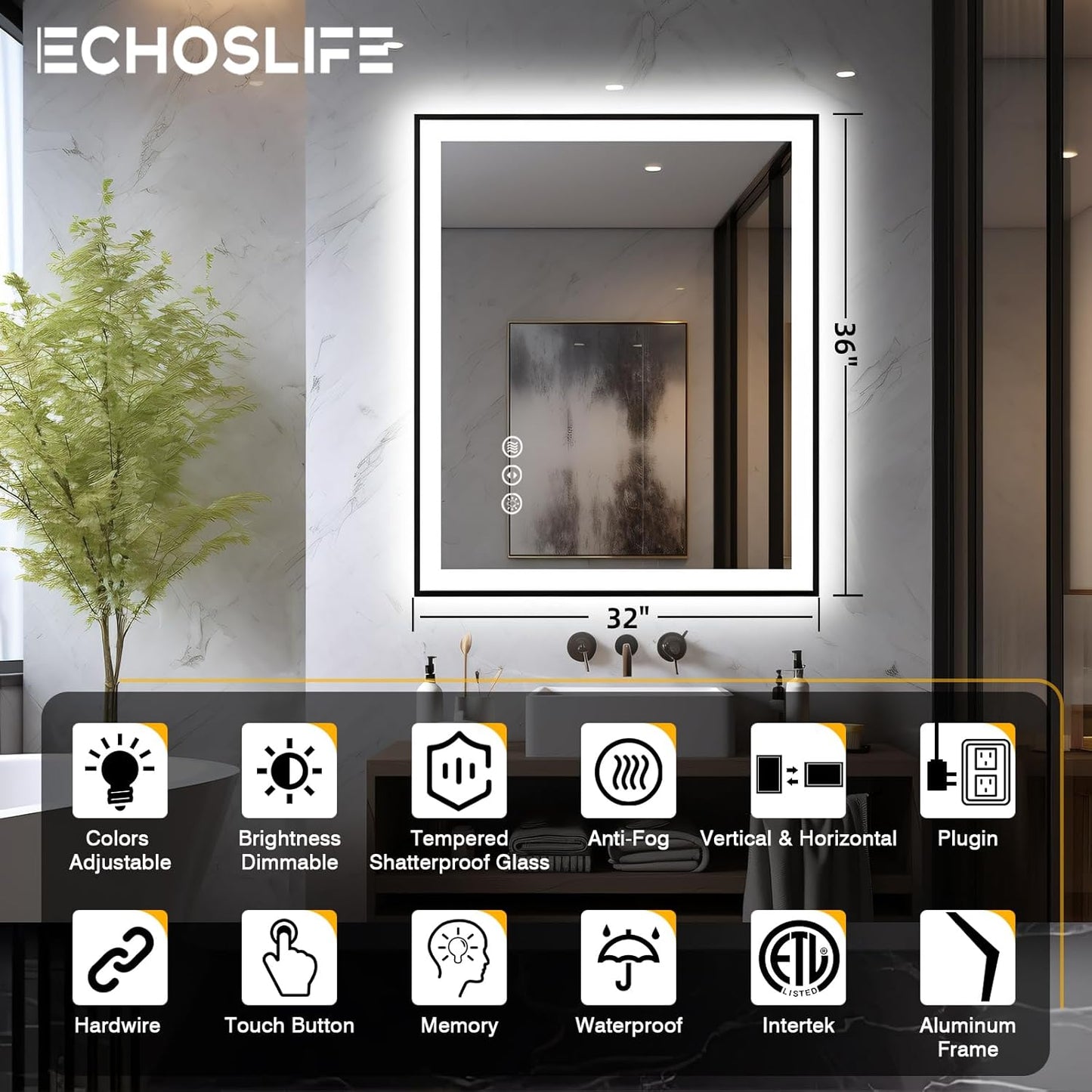 32x36 LED Bathroom Mirror - Black Border (Front and Backlit), Anti-Fog Vanity Mirror with Lights,Stepless Dimmable Illuminated Mirror,3 Colors Smart Mirror(Horizontal/Vertical)