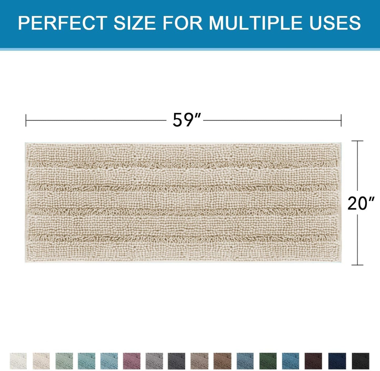H.VERSAILTEX Bath Rugs for Bathroom Non Slip Bath Mats Thick Chenille Striped Bath Rug Runners 59" x 20" Absorbent Fluffy Soft Shaggy Mats Dry Fast Plush Area Carpet for Bath Room - Fog