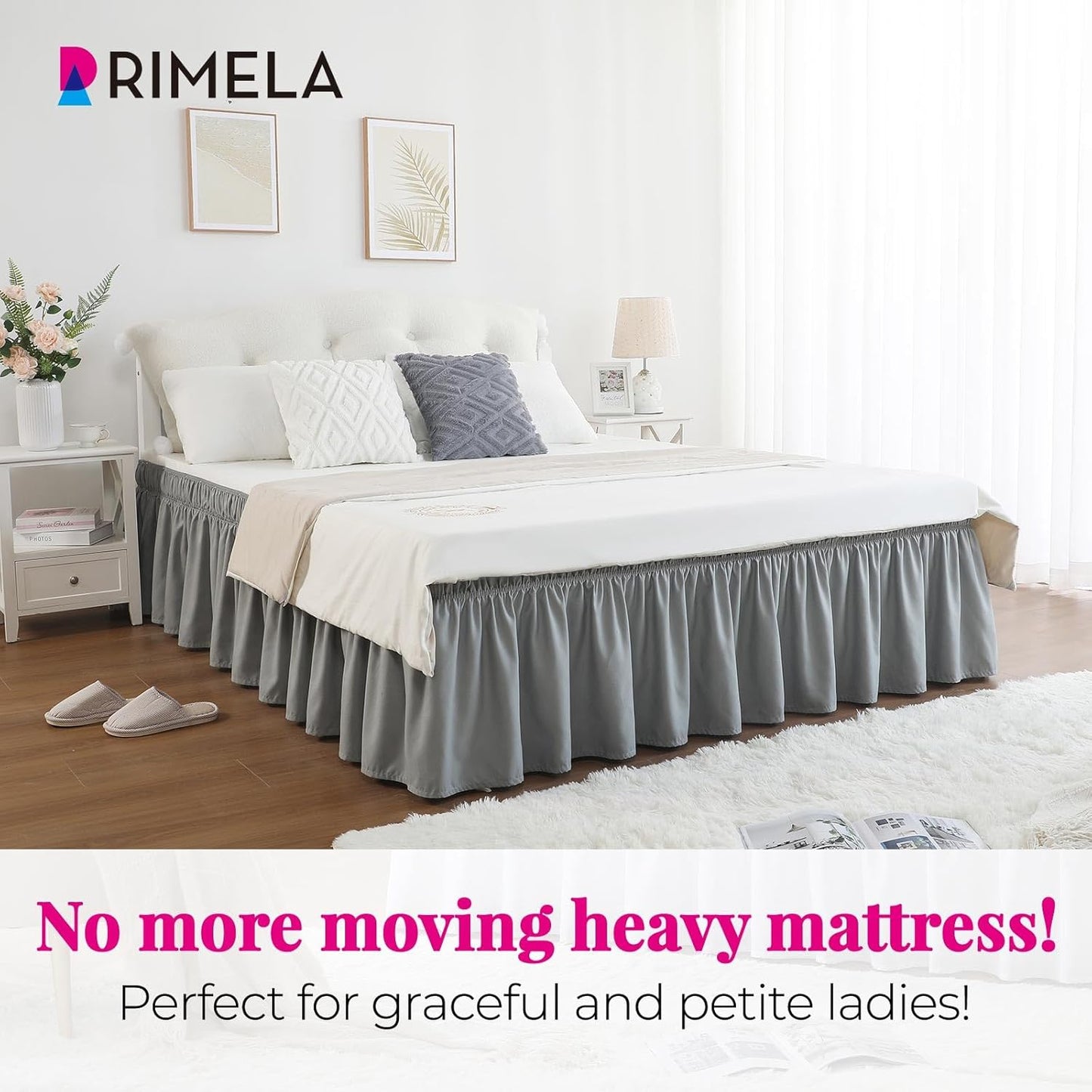 RIMELA Grey Queen Bed Skirt 18 Inch Drop,Elastic Bed Skirts Queen Size Dust Ruffle, Light Gray Bedskirt for Adjustable Bed Base Solid Wrinkle and Fade Resistant Silky Luxurious Fabric Machine Washable