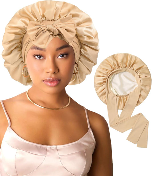 AWAYTR Women Satin Bonnet for Sleeping - Double Layer Silk Hair Bonnet with Elastic Tie Band for Braids Curly Hair