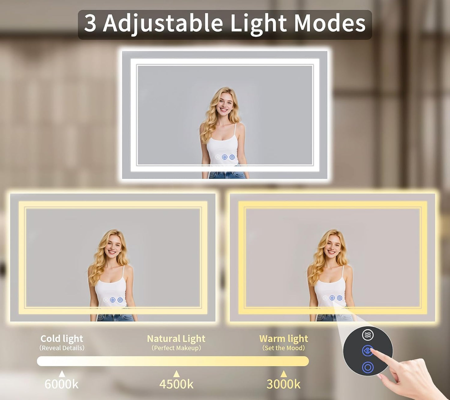 36"x72" LED Bathroom Mirror with Lights, Anti-Fog, Backlit + Front Lit, Dimmable, Led Vanity Mirror for Wall, Lighted Bathroom Mirror, 3 Colors, Shatter-Proof Tempered Glass
