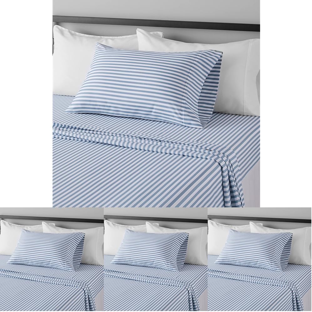 Amazon Basics Lightweight Super Soft Easy Care Microfiber 3 Piece Bed Sheet Set with 14-inch Deep Pockets - Twin, Dusty Blue Pinstripe,Printed (Pack of 4)