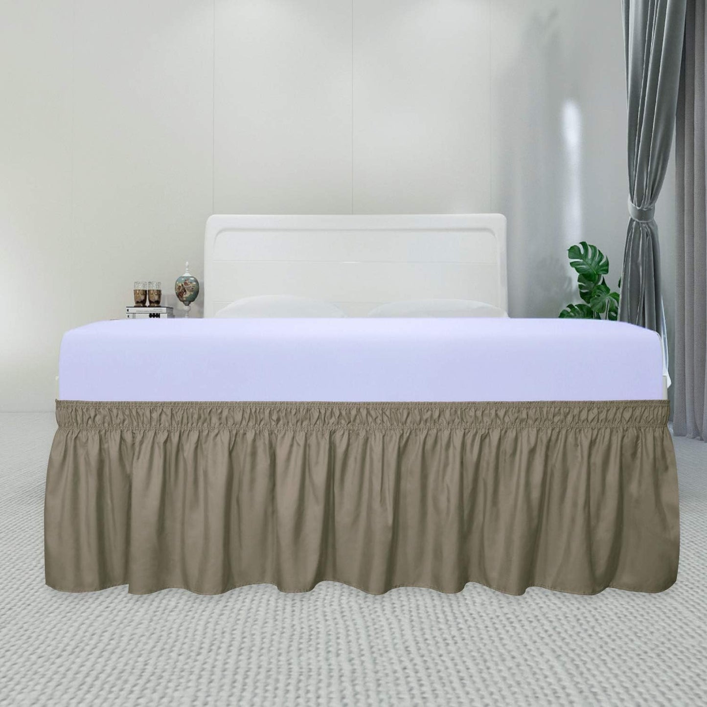 PureFit Wrap Around Ruffled Bed Skirt with Adjustable Elastic Belt - 18 Inch Drop Easy to Put On, Wrinkle Free Bedskirt Dust Ruffles, Bed Frame Cover for Queen, King and C-King Size Beds, Sand