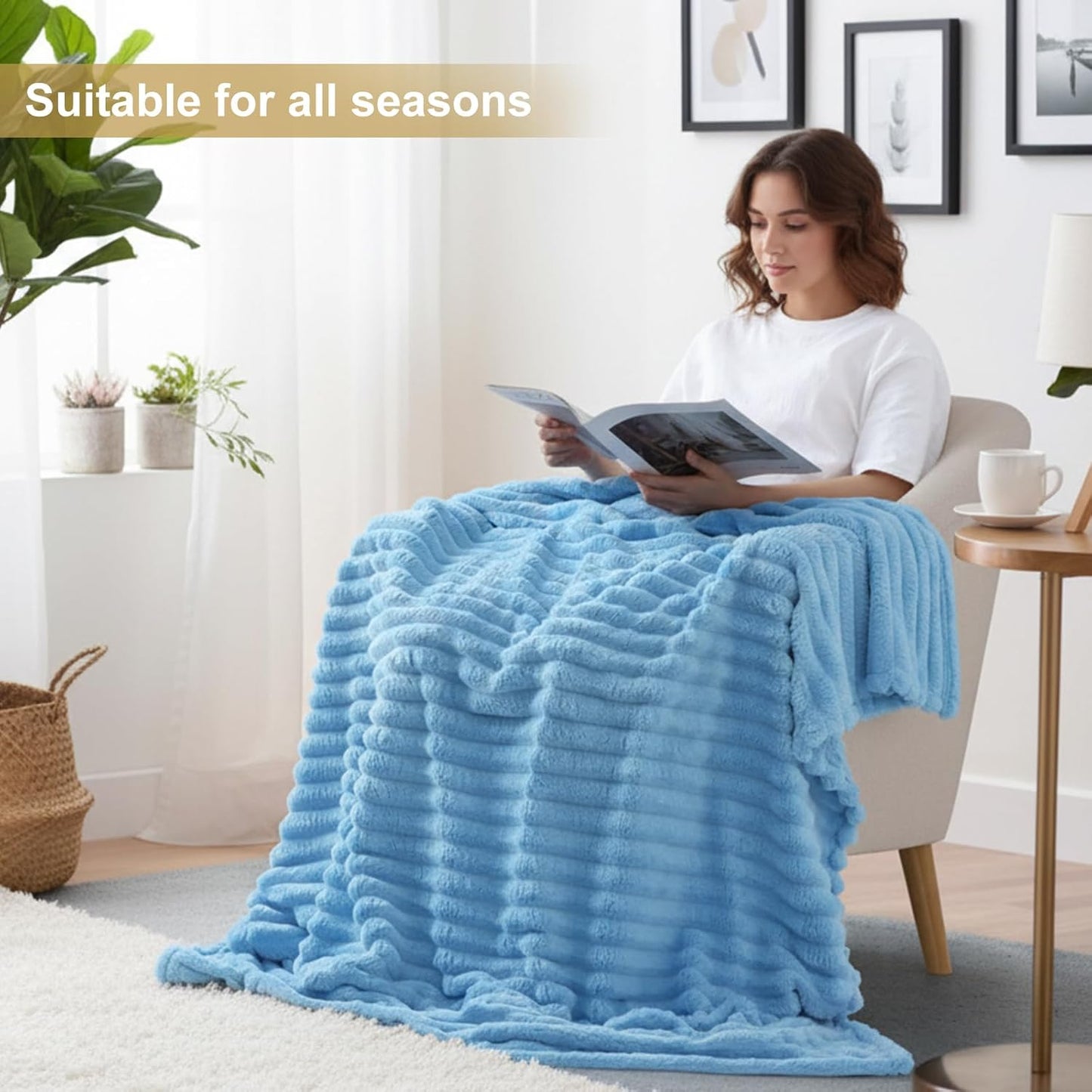 decorUhome Christmas Soft Fleece Blue Blanket King Size for Bed, Cozy Fluffy Plush Flannel Large Striped Throws for Couch Sofa, Lightweight Decorative Fuzzy Blanket for Woman, 108x90 Inches