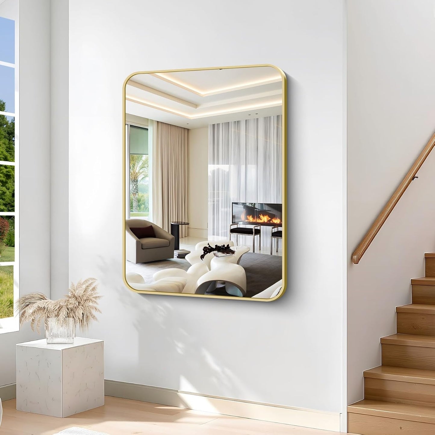 36"x48" Bathroom Mirror, Gold Rectangle Mirror, Large Rectangular Wall Mirror, Rounded Corner Vanity Mirror with Aluminum Metal Frame for Bathroom Bedroom Living Room Horizontal/Vertical