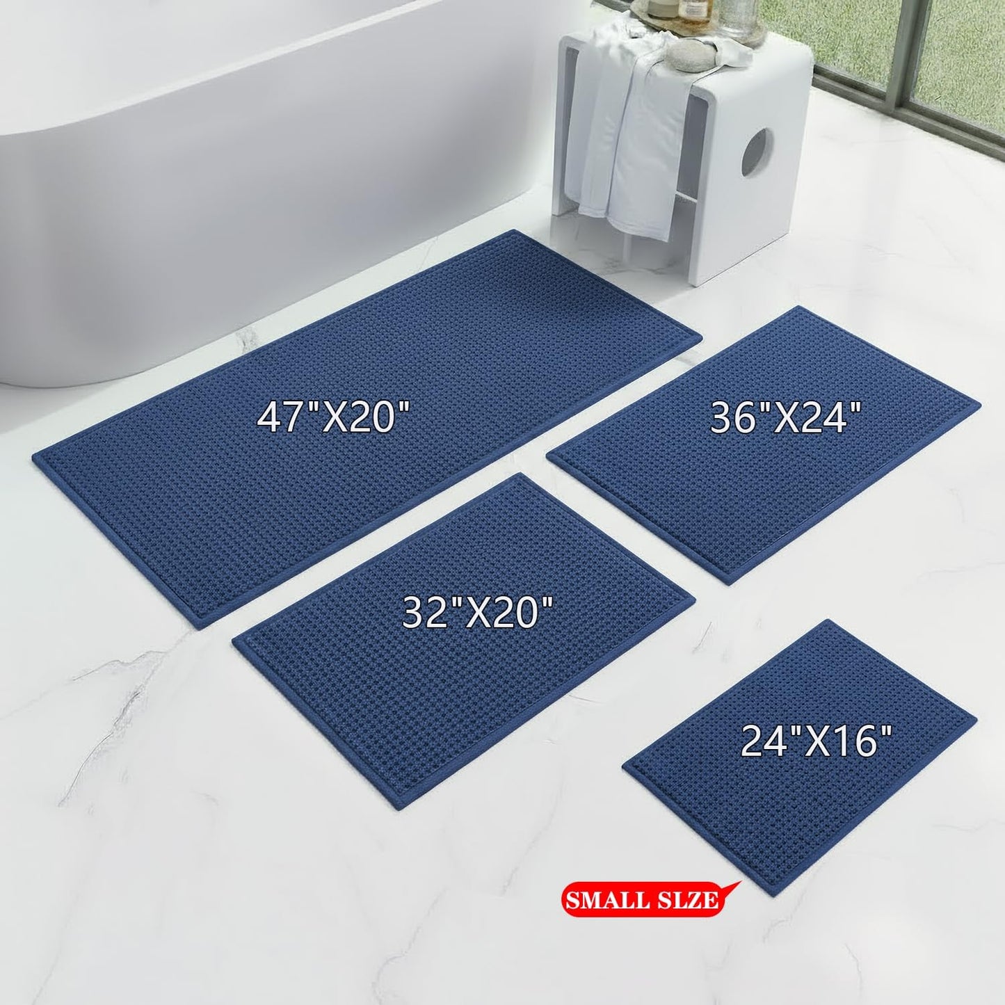 Bathroom Rugs Non Slip Washable, Super Absorbent Thin Bath Mat for Small Quick Dry Low Pile Bathroom Rug, (Navy Blue, 24″x16″)