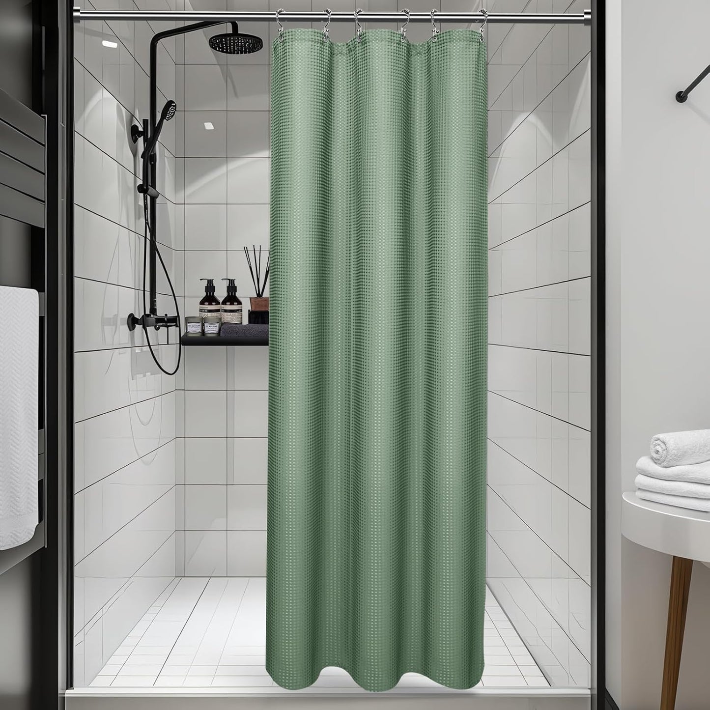3 in 1 Shower Curtain Set, Waffle Shower Curtain and Liner Set with 6 Double Sided Shower Curtain Hooks, 258GSM Luxury Weighted Cloth Shower Curtains for Bathroom, 36 W x 72 H, Sage Green