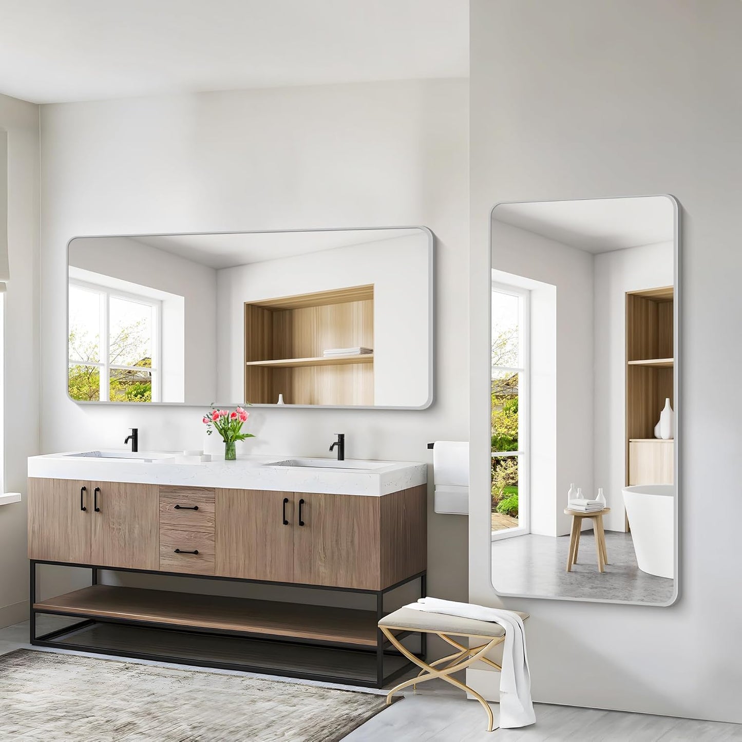 30x60 Inch Silver Bathroom Mirror, Large Rectangular Vanity Mirror, Metal Framed Rectangle Mirror, Rounded Corner Wall Mounted Mirrors for Living Room Bedroom Entryway Horizontal or Vertical