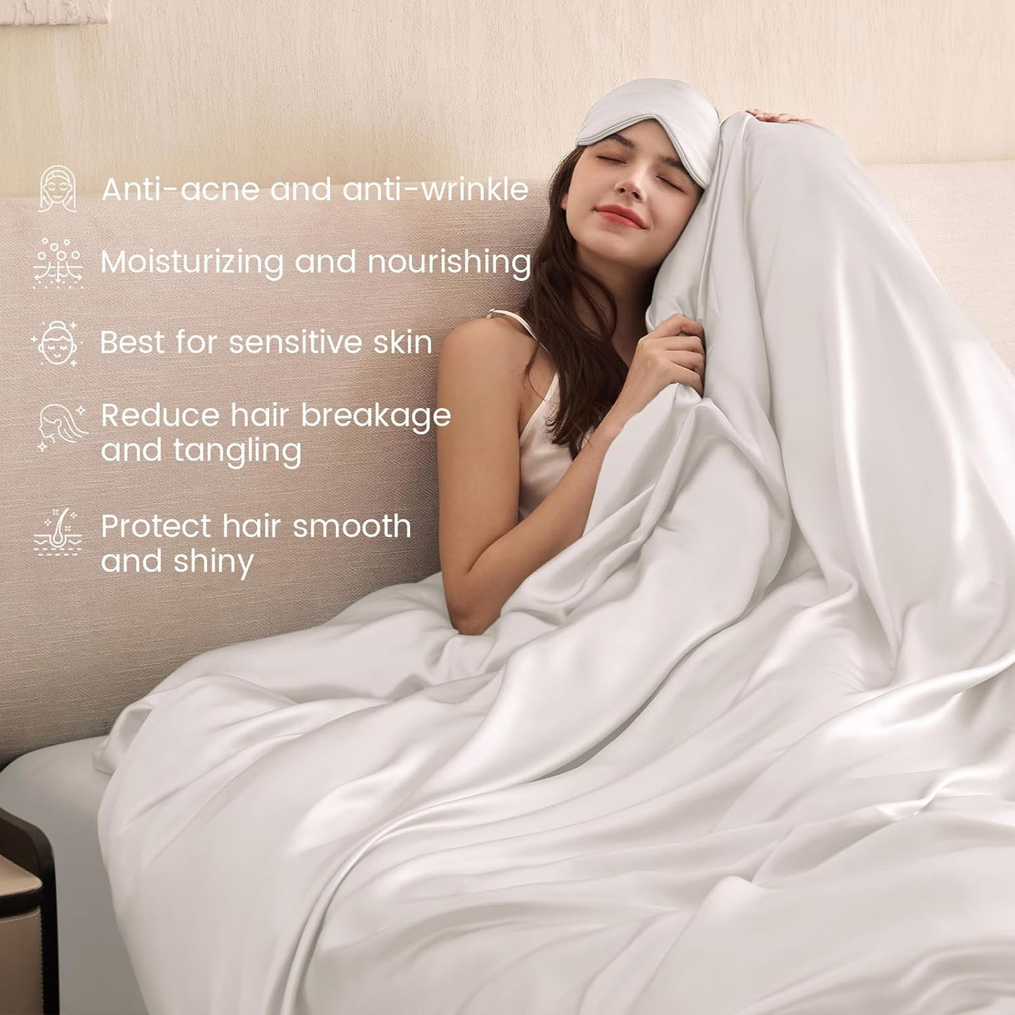THXSILK 100% Pure Mulberry Silk Duvet Cover Set 3 Piece, 6A+ Grade Luxury Soft Bedding Silk Sheets for Hair and Skin, 1 Pcs Duvet/Quilt/Comforter Cover with 2 Zippered Pillowcases (Cream White, Twin)