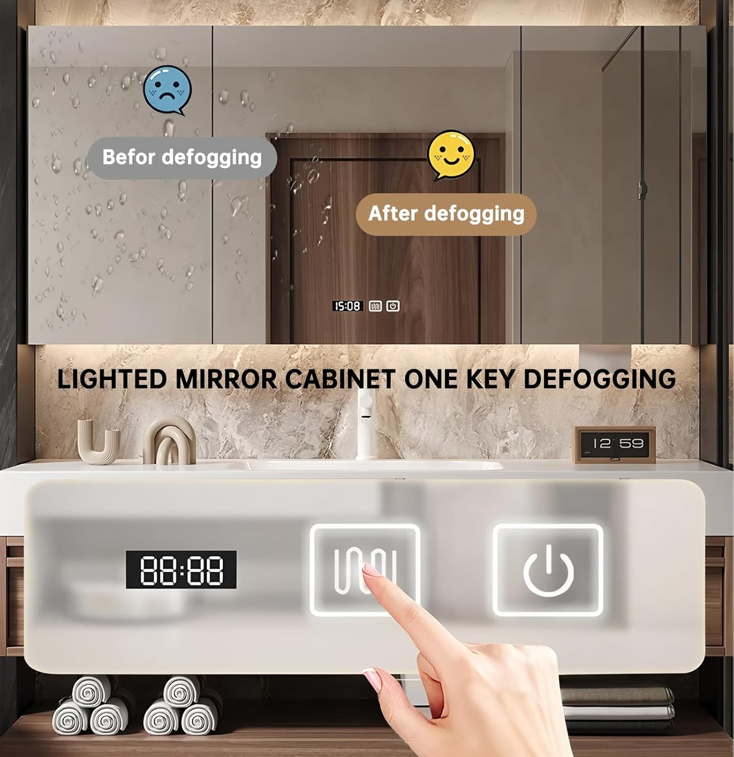 76" Bathroom Vanity, Floating Bathroom Vanity with Sink, Solid Wood Vanities with Smart Defogging Mirror Cabinet, Slate Countertop and Faucet, Wall Mount Bath Furniture Cabinet with Drawers (Walnut)