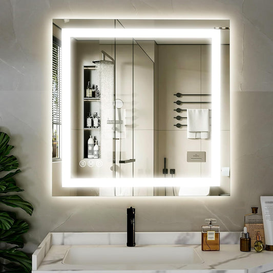 40"x 40" LED Bathroom Mirror, Backlit + Front Lit, LED Bathroom Mirror with Lights for Wall, 3 Colors, Anti-Fog, Dimmable Brightness, Memory Function, Tempered Glass