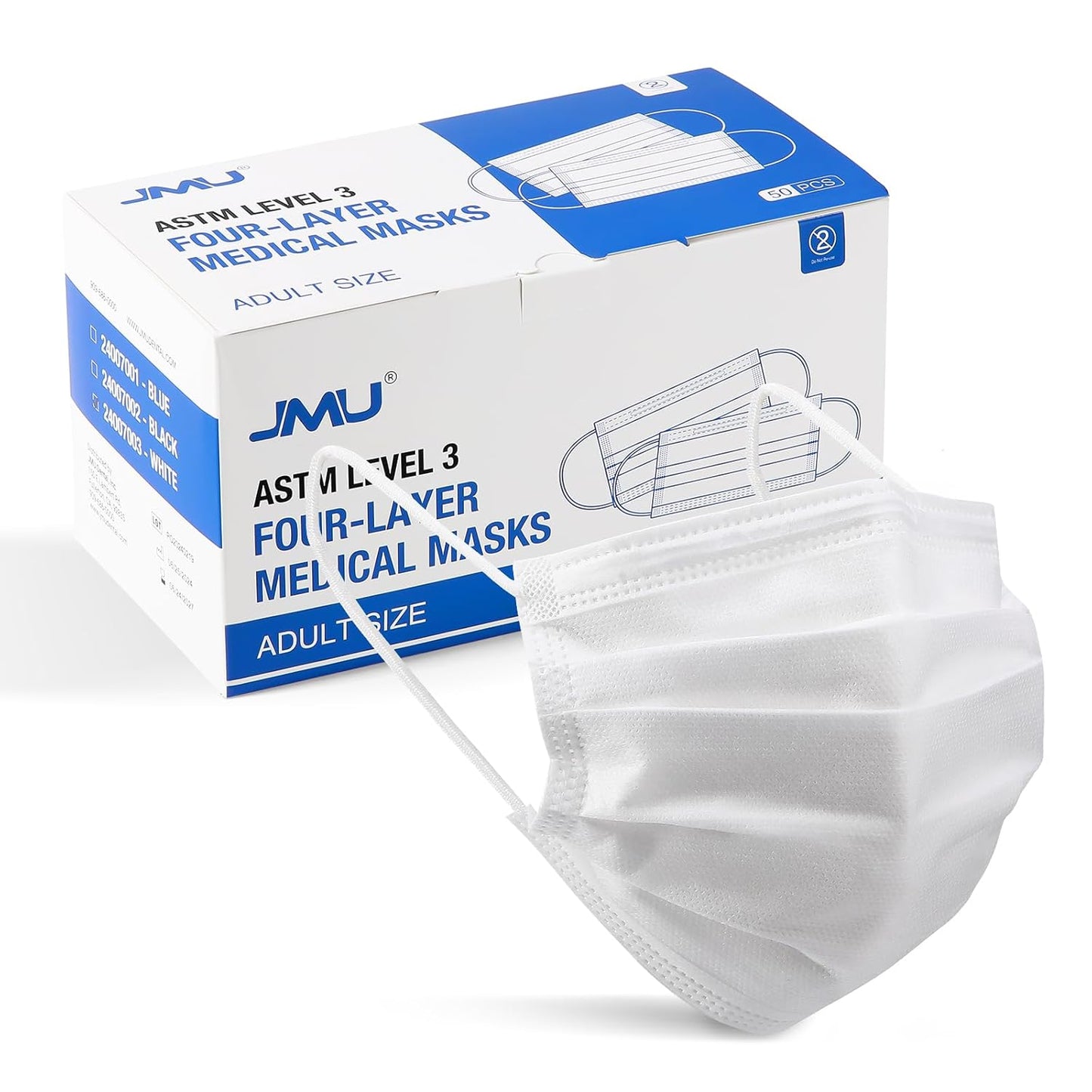 JMU Disposable Face Masks 50 Pack, 4-Ply ASTM Level 3 Medical Mask for Adults, White