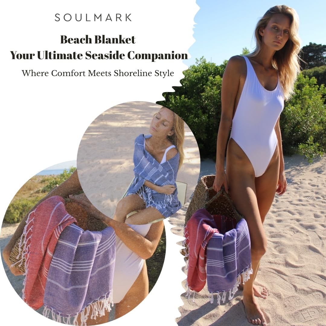 SOULMARK 100% Cotton Turkish Beach Towel with Bag - 38"x71" - 2 Pack - Made in Green & Oeko TEX Certified - Pre-Washed & Sand Free - Quick Dry and Lightweight for Travel - Made in Turkey - Navy Blue