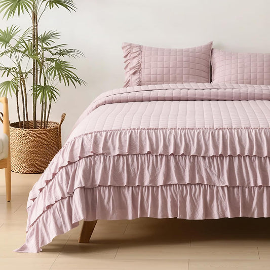 HORIMOTE HOME Dusty Pink Ruffled Quilt Set King Size, Classic Geometric Square Stitched Pattern, Pre-Washed Farmhouse Shabby Chic Microfiber Lightweight Bedding Set Bedspread Coverlet for All Season