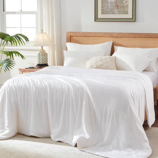 Globon Summer Comforter Oversized King Size,Luxurious Lightweight Blanket Keep Cool for Hot Sleepers,Natural Bamboo Viscose Shell,Organic Breathable Fill,Double Stitch,White