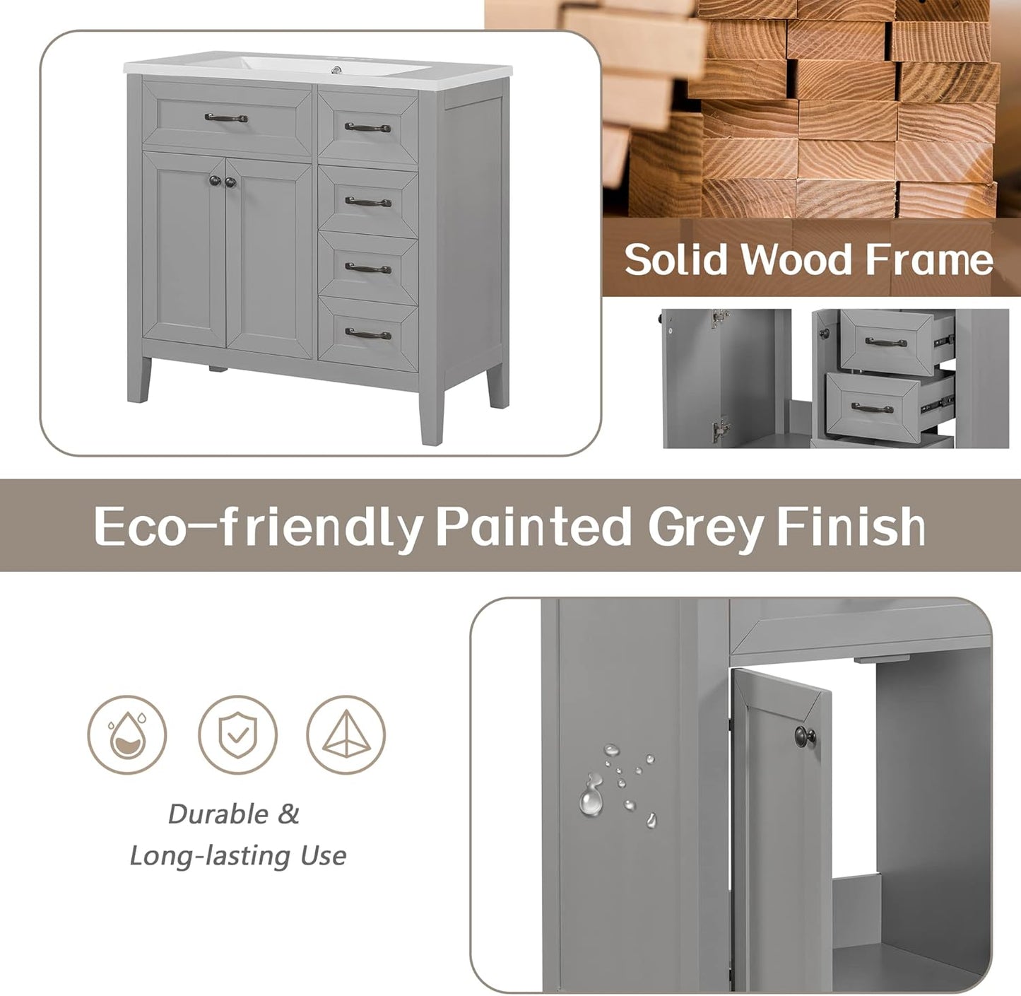 Favfurish 36" Bathroom Vanity with Sink Combo,Bathroom Vanity Cabinet with Two Soft-Closing Doors and Four Drawers,Free Stading Vanities w/Modern Design,for Bathroom,Easy Assembly,Grey