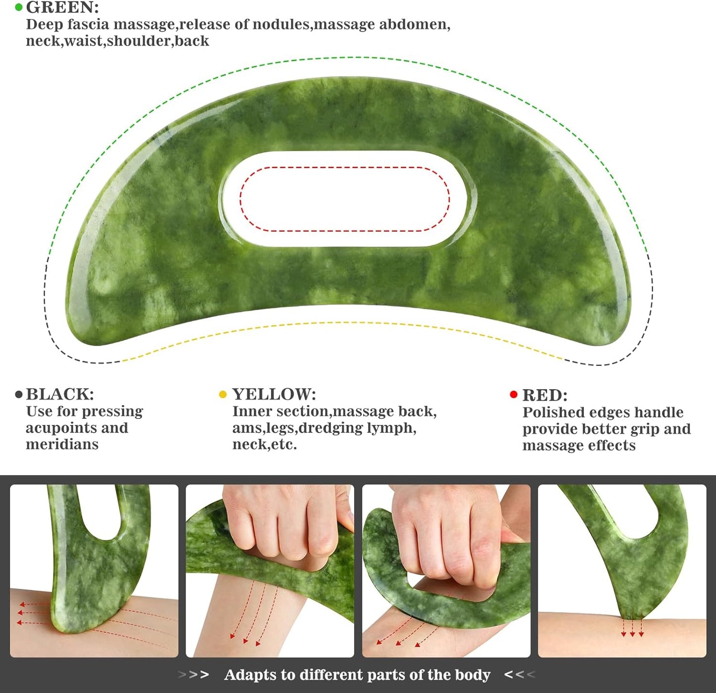 3 in 1 Jade Stone Gua Sha Massage Tool, Large Guasha Muscle Scraper Tools Set with Handle Muscle Scraping Massage Tools Anti Cellulite Spa Acupuncture Tools for Back Neck Leg Lymphatic Drainage