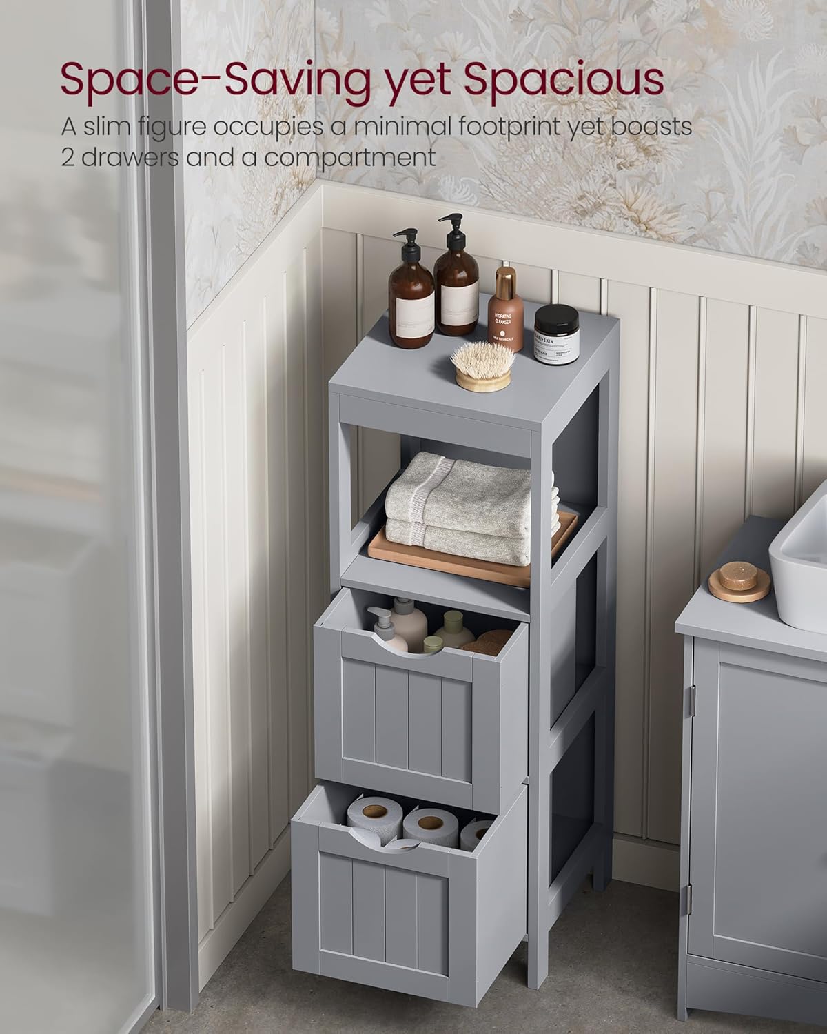 VASAGLE Storage Cabinet, Storage Organizer Rack Stand for Bathroom, Living Room, Bedroom, Multifunctional Corner Unit, 2 Drawers, 35 Inches in Height, Dove Gray UBBC042G02