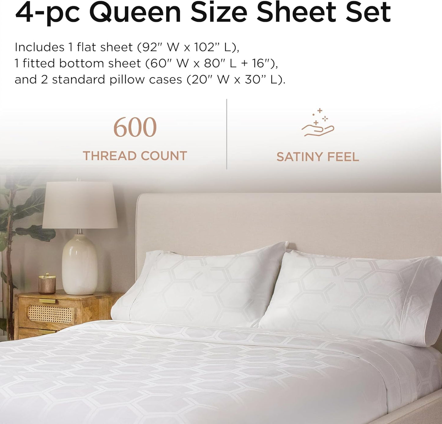 Threadmill 100% Cotton Sheets for Queen Size Bed - 600 Thread Count Queen Bed Sheets Set with 16” Deep Pocket - Jacquard Sateen Weave 4-Piece Bedding Set with Cooling Effect, White