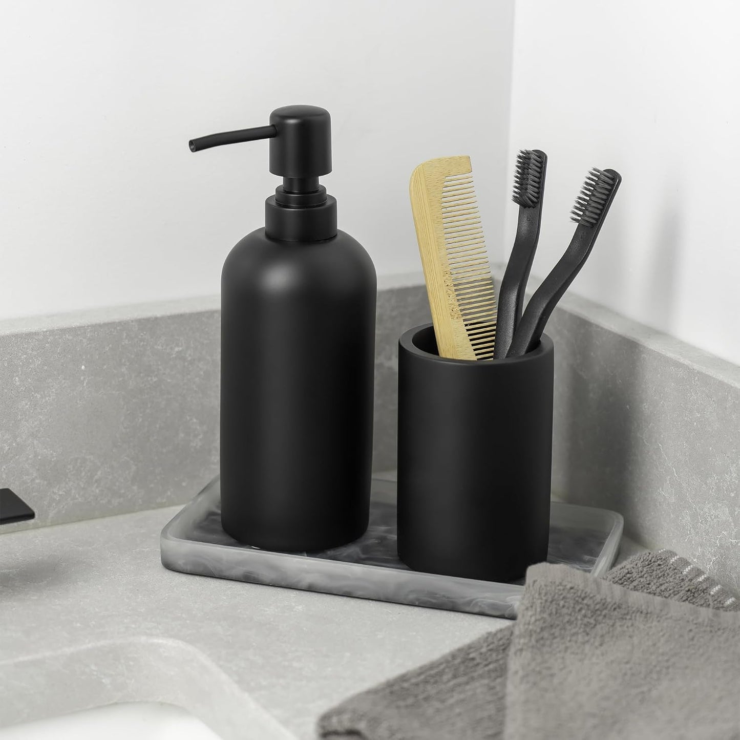 Matte Black Resin Bathroom Tumbler Cup - Matte Black Toothbrush Holder, 4x2.75 Inch, 12oz Capacity, Minimalist Vanity Countertop Organizer (Black)