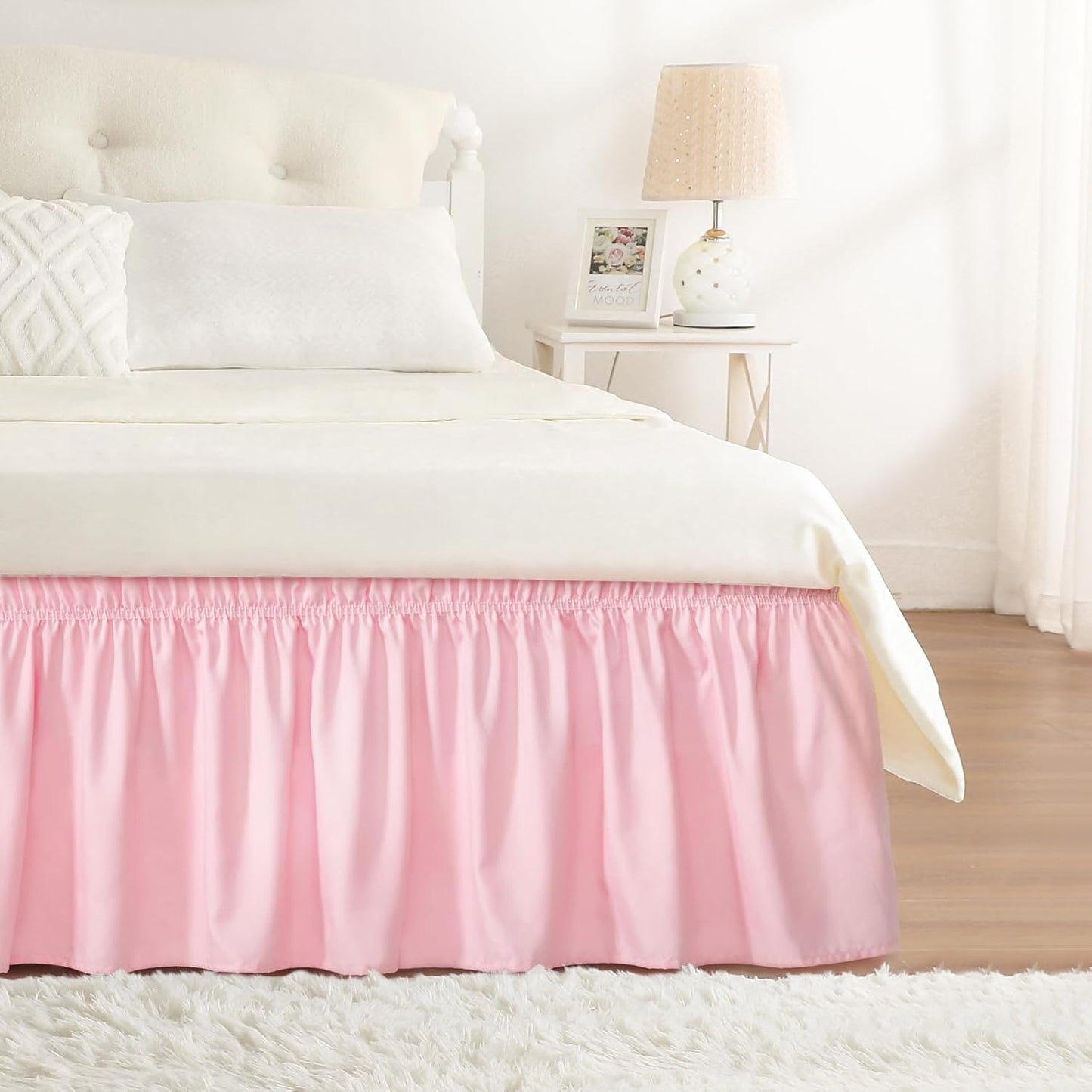 RIMELA Pink Bed Skirt Queen Size 15 Inch Drop Elastic Wrap Around Dust Ruffle Solid Bedding Bedskirt Soft Microfiber Fabric Machine Washable Easy to Install