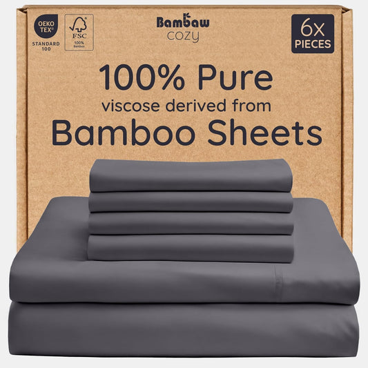 Bambaw 100% Viscose Derived from Bamboo Queen Size Sheet Set - 6pcs Cooling, Deep Pocket Fits Up to 16'' with Elastic Corner Straps, Queen Soft Sheets (Charcoal)