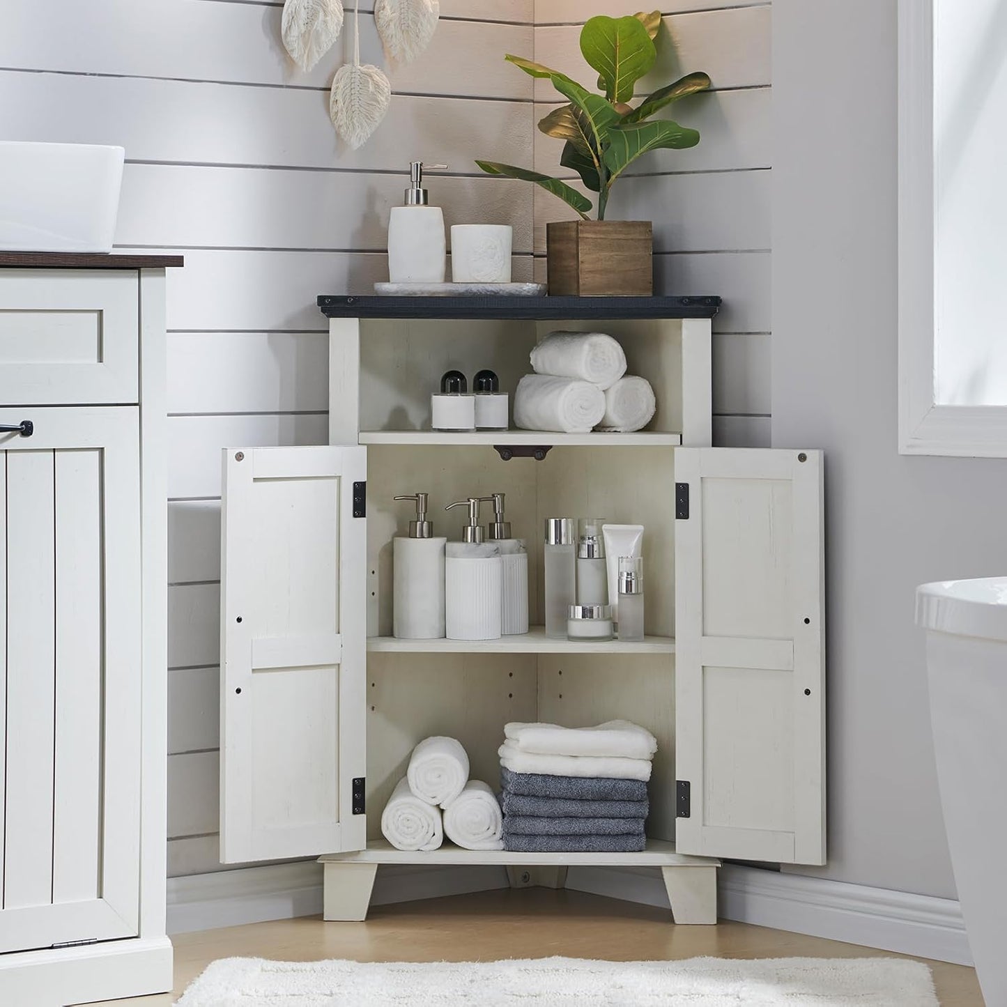 ACCOHOHO Corner Bathroom Cabinet, Farmhouse Small Corner Cabinet with Barn Door & Adjustable Shelf, Storage Cabinets for Bathroom, Kitchen, Living Room, Off White