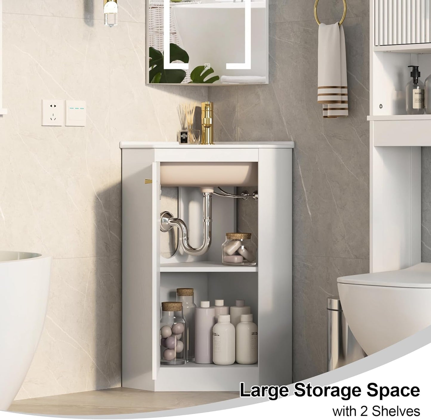 24" Corner Bathroom Vanity Sink Combo for Small Space, Freestanding Compact Space Bathroom Storage Cabinet with White Ceramic Sink, Wall Mounted Modern Vanity,White