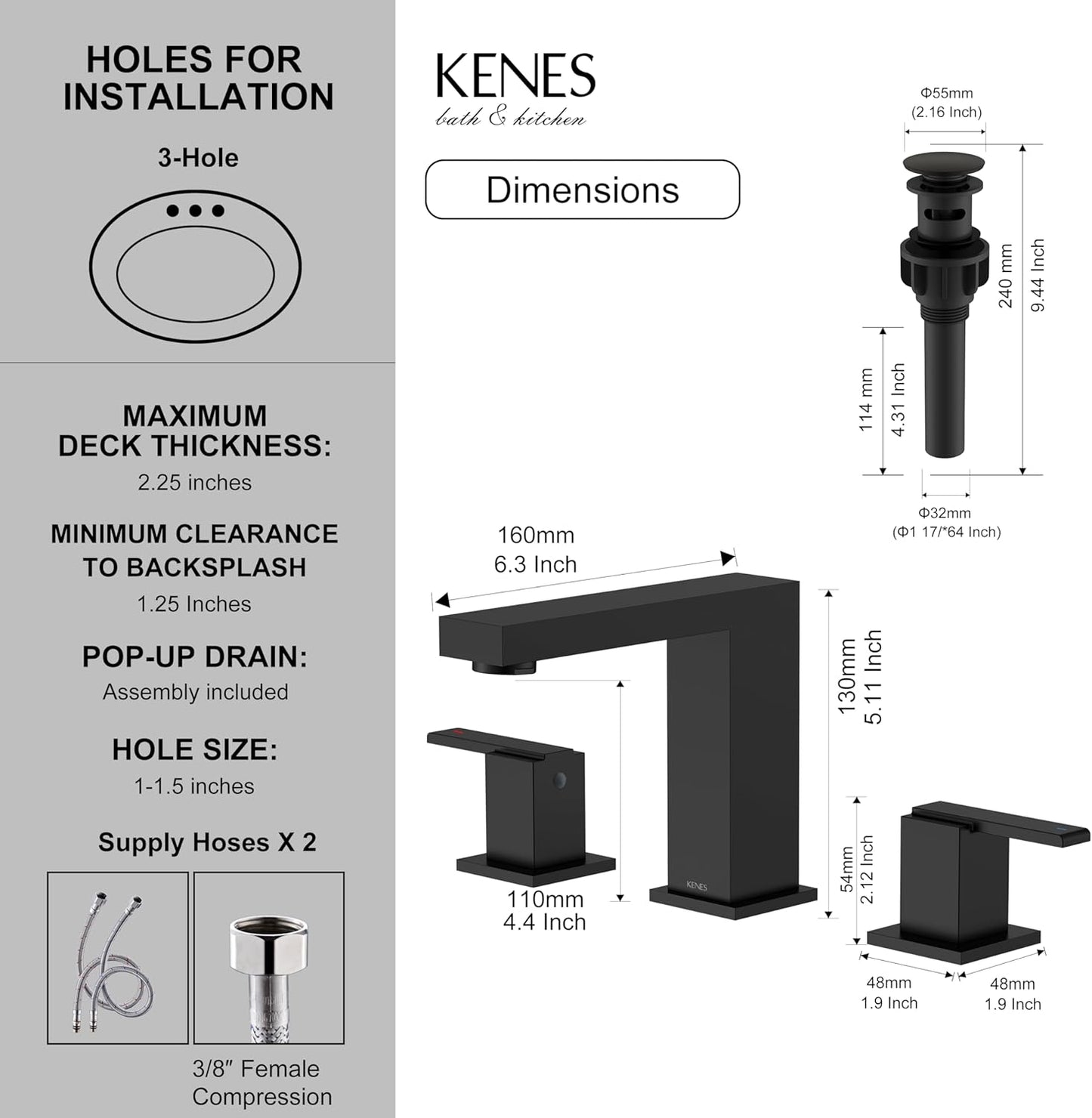 KENES Black Widespread Bathroom Faucet 3 Hole Bathroom Sink Faucet Matte Black Two Handle, 8-Inch 3 Pieces Bathroom Vanity Faucet with Pop Up Drain & Supply Lines, KE-9050-2-P