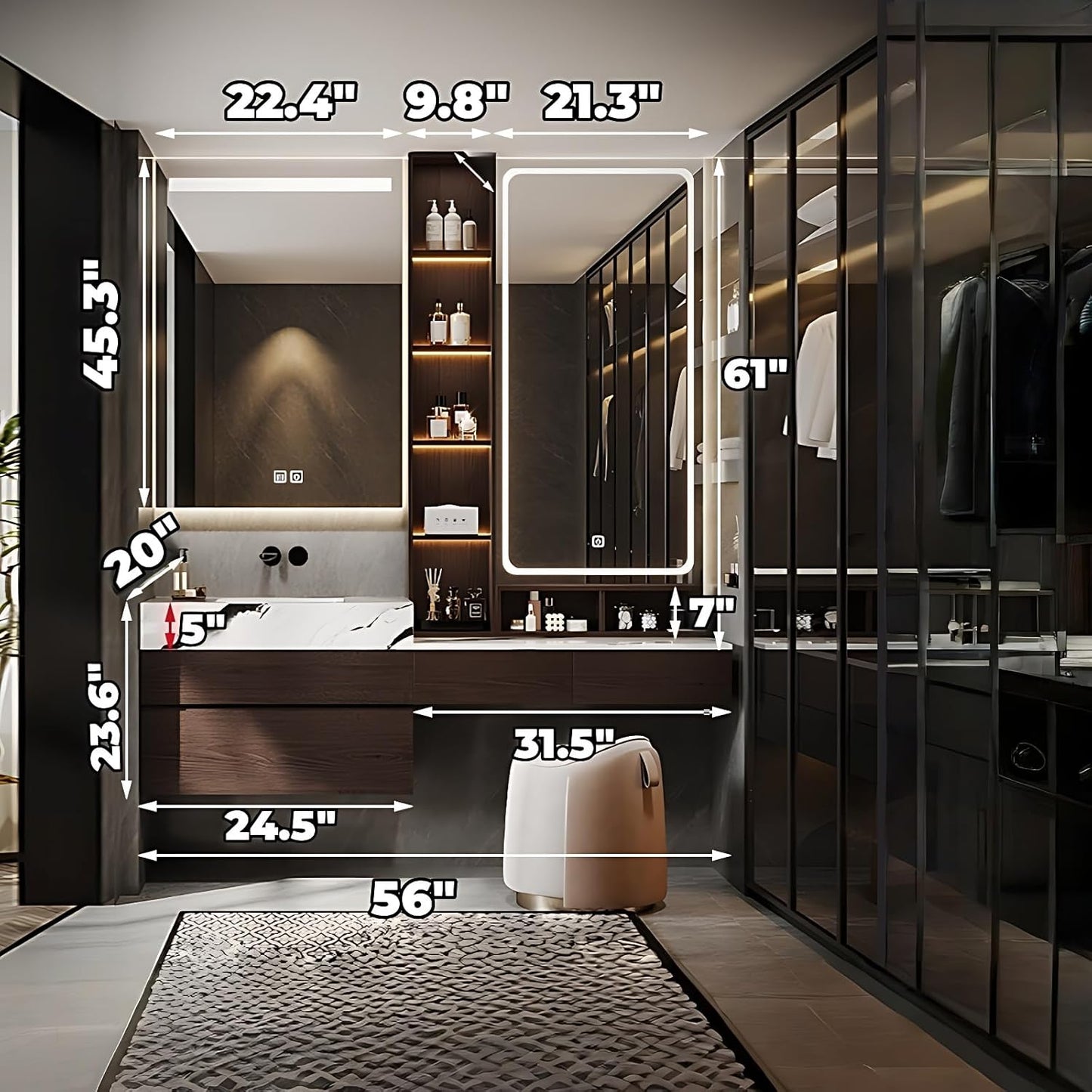 Bathroom Vanity with Sink - Luxury Bathroom Sink Cabinet, Floating Vanity with Smart Defogging Mirror & Storage Drawer, Multi-Layer Solid Wood Panel - Complete Accessories (56")