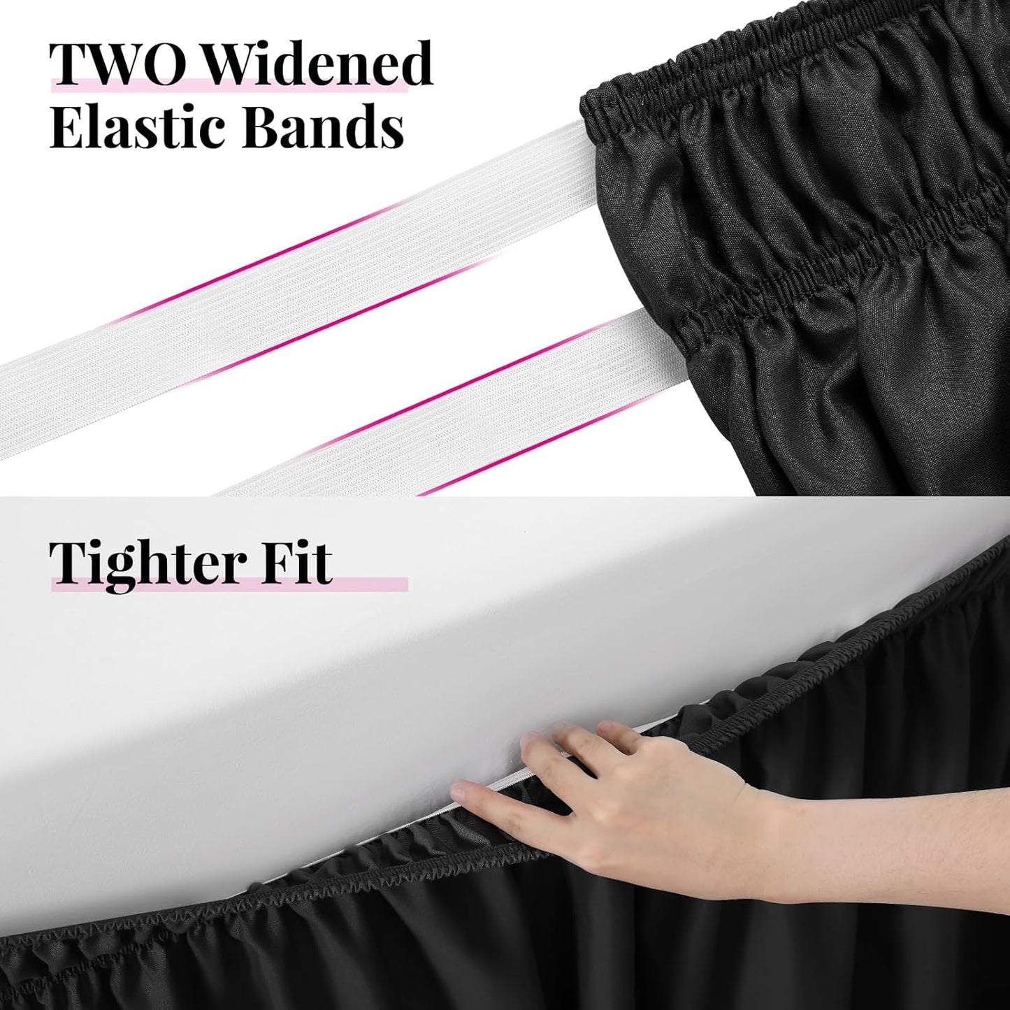 RIMELA Bed Skirting Queen Size Black Bed Skirt 12 Inch Drop, Wrap Around Elastic Adjustable Bedskirt, Dust Ruffle for Bed Frame & Box Spring Soft Durable Fabric Machine Washable Easy to Install