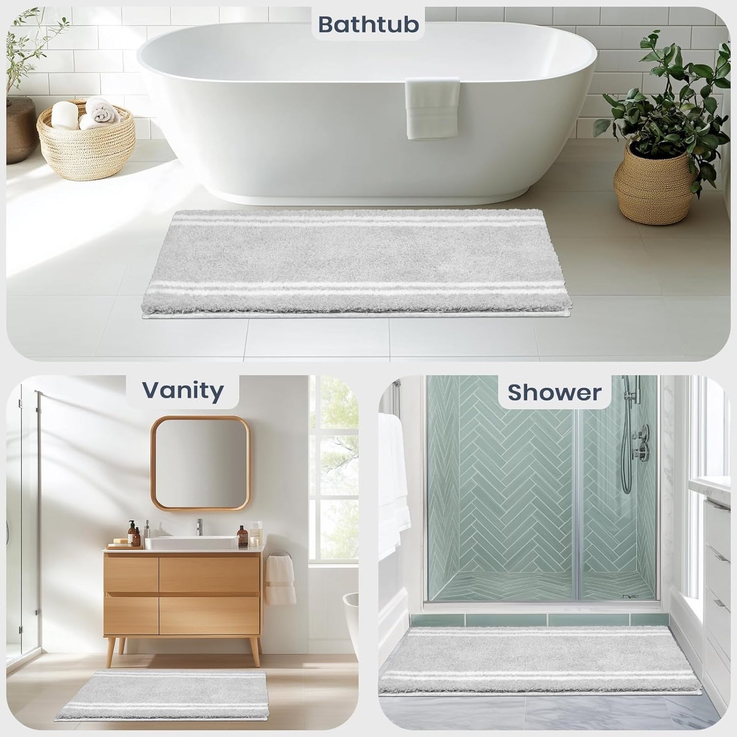 PURRUGS Bathroom Rug Non-Slip Machine Washable 30" x 46", Super Absorbent and Quick Dry Shaggy Microfiber Bath Mat, Extra Soft and Plush Bath Rug for Bathtub, Shower and Sink, Light Grey
