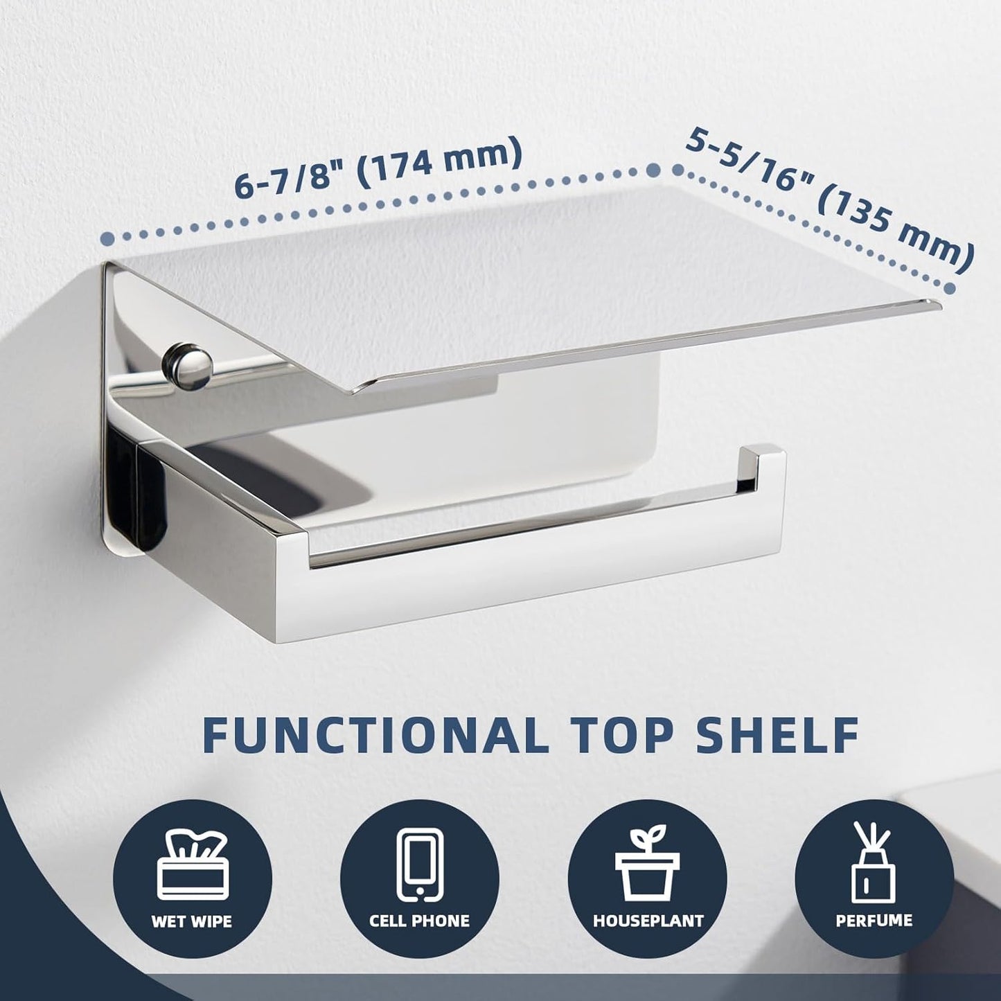 Angle Simple Toilet Paper Holder with Shelf Polished Chrome, 304 Stainless Steel Toilet Tissue Roll Holder Wall Mount