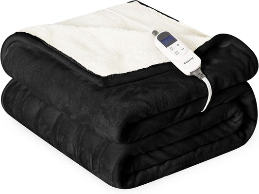 Heat Blanket 72”x84” Full Size,Soft Flannel & Sherpa Reversible Electric Blanket with 10 Heat Settings,12 Timer Setting and 8 Hours Auto-Shut Off,ETL Certified Machine Washable,Black