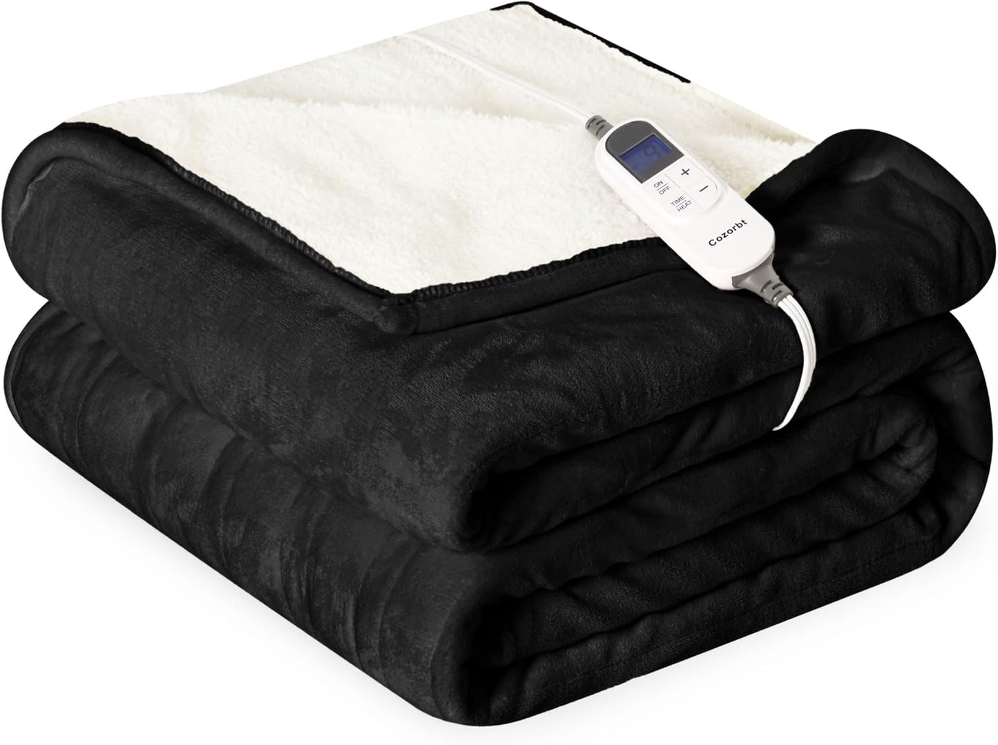 Heat Blanket 50”x60” Throw,Soft Flannel & Sherpa Reversible Electric Blanket with 10 Heat Settings,12 Timer Setting and 3 Hours Auto-Shut Off,ETL Certified Machine Washable,Black