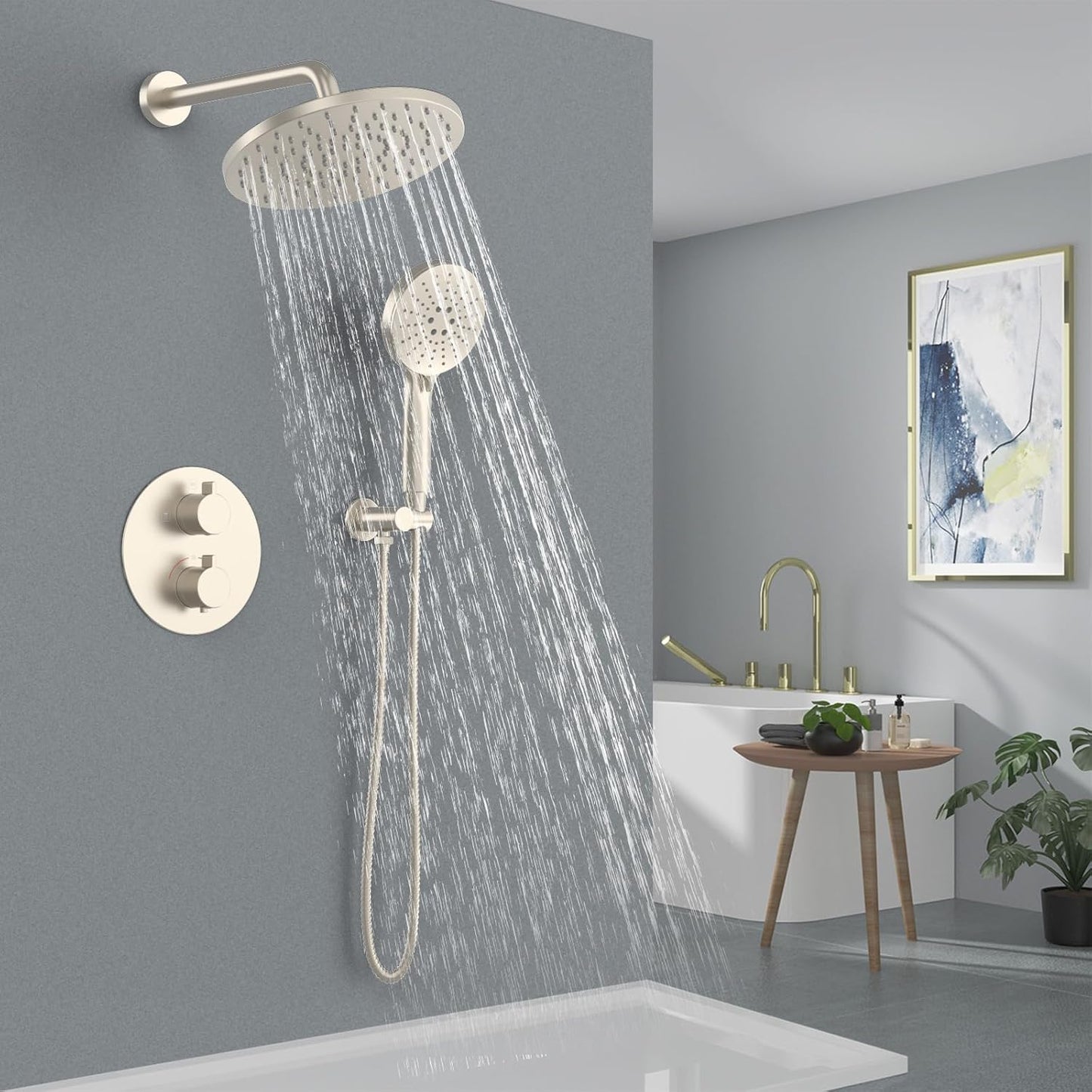 Iriber Thermostatic Shower System Wall Mount with 10 Inch Roud Rainfall Shower Head and Handheld,Shower Faucet Mixer Trim Kit (Valve Included),Brushed Nickel