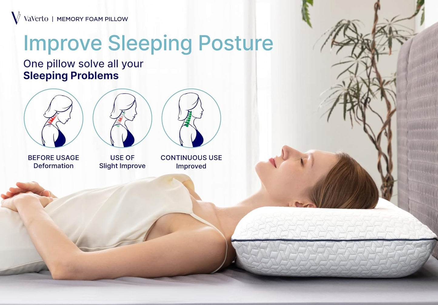 Vaverto Queen Memory Foam Pillow 2-Pack – Cooling Gel-Infused Orthopedic Bed Pillows for Neck and Shoulder Pain Relief, Firm Support Design with Removable Viscose Made from Bamboo Covers – Set of 2