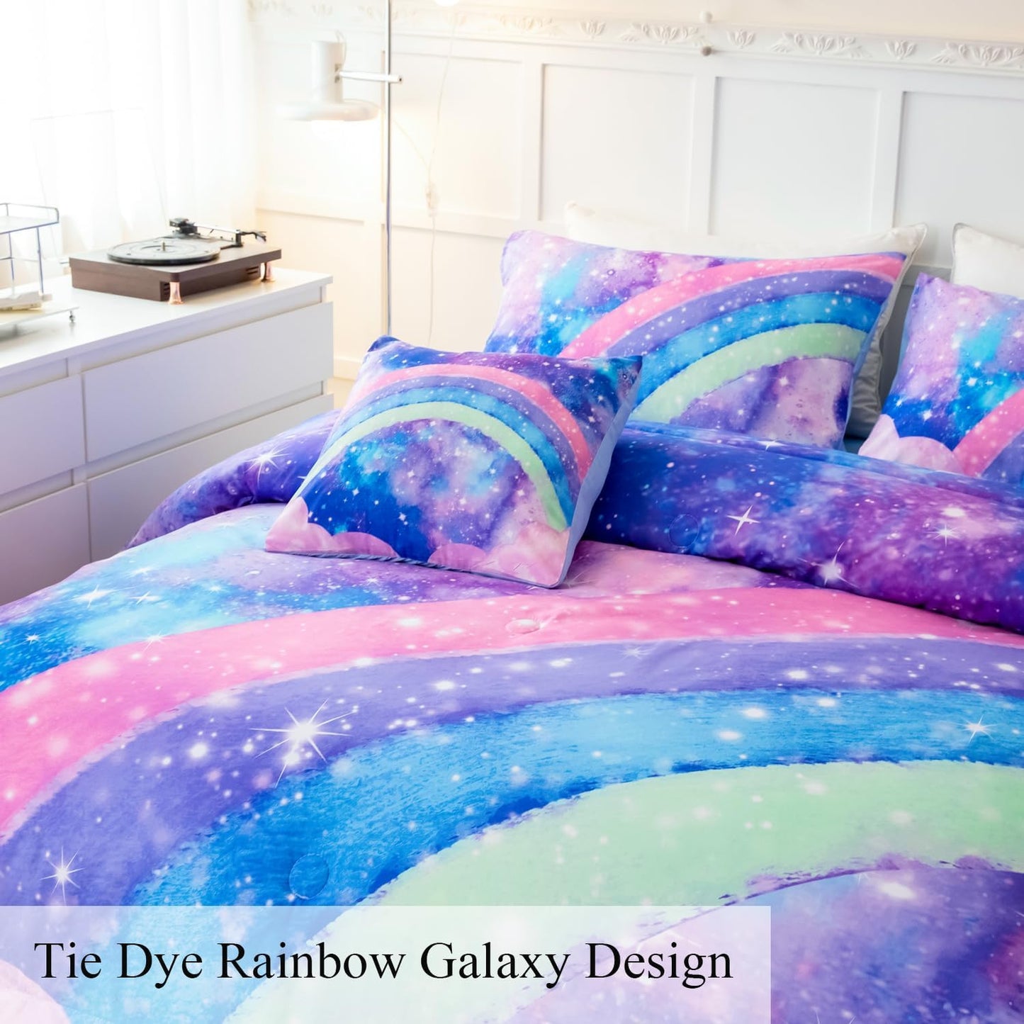 ANGIYUIN Tie Dye Blue Twin Size Comforter Sets for Kids Girls 6 Pieces Colorful Rainbow Bed in A Bag Pastel Gradient Galaxy Bedding Sets with Sheets, Comforter and Pillowcases for Teens Kids