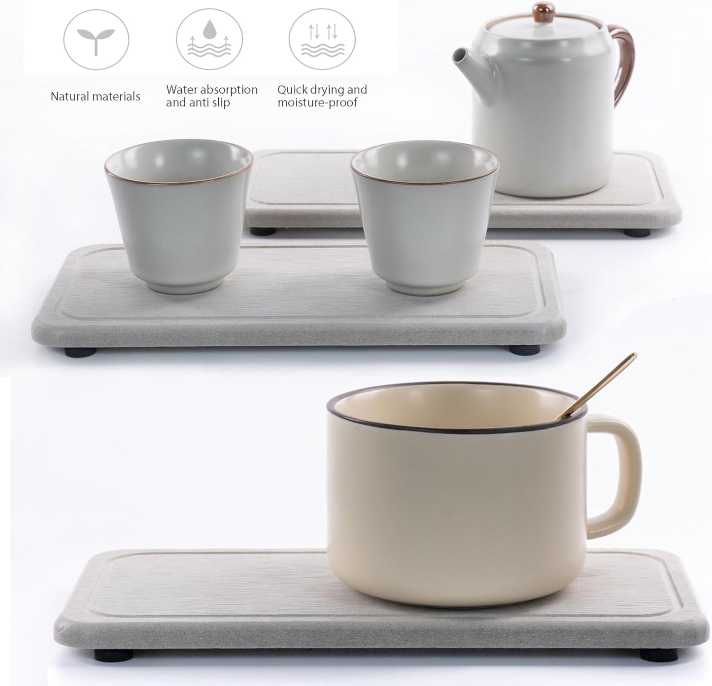 2 Pcs Water Absorbing Stone Trays, Kitchen/Bathroom Sink Soap Dish, Diatomite Tray Used for Hand Soap & Cosmetic Bottles in The Modern Home, 4" W x 8.3" L, Gray