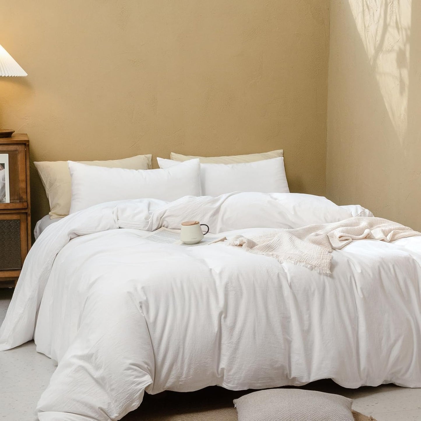 FOSSA White Duvet Cover Set, 100% Washed Cotton Linen Feel Super Soft Breathable Cozy 3 Pieces Bedding Sets Solid Off White King