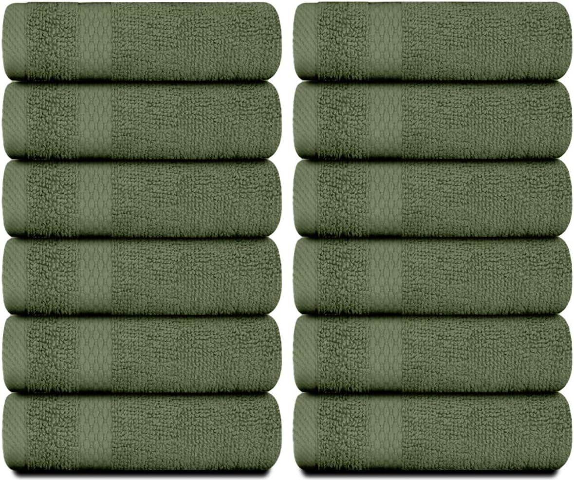 White Classic Luxury Cotton Washcloths 13x13 Inch - 650 GSM Turkish Cotton | Hotel, Spa, Bathroom Face Towel | 12 Pack, Forest Green