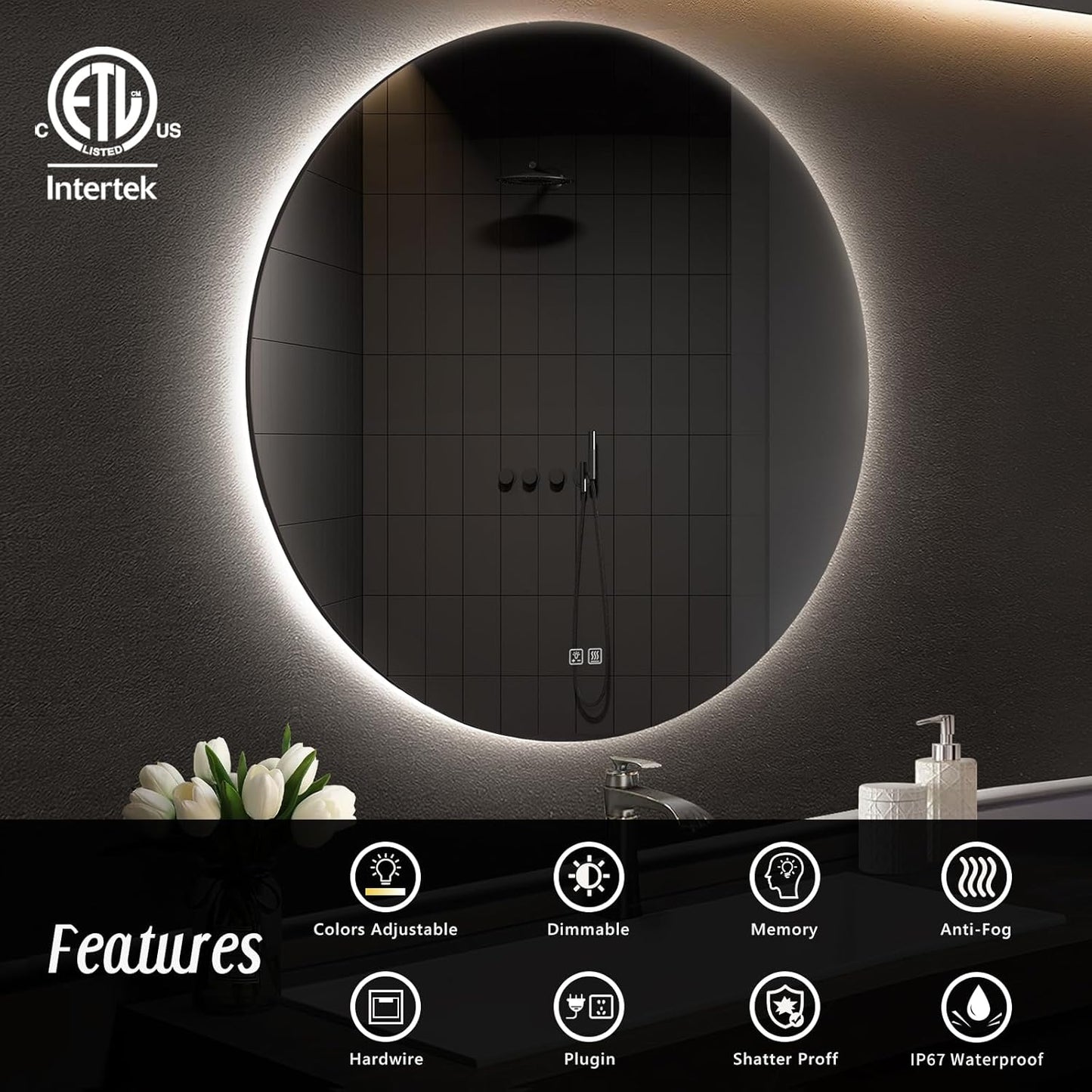 APRILSOUL 24 Inch Round LED Backlit Bathroom Mirror, Vanity Mirror with Anti-Fog, Touch Button, 3 Colors and Dimmable Light