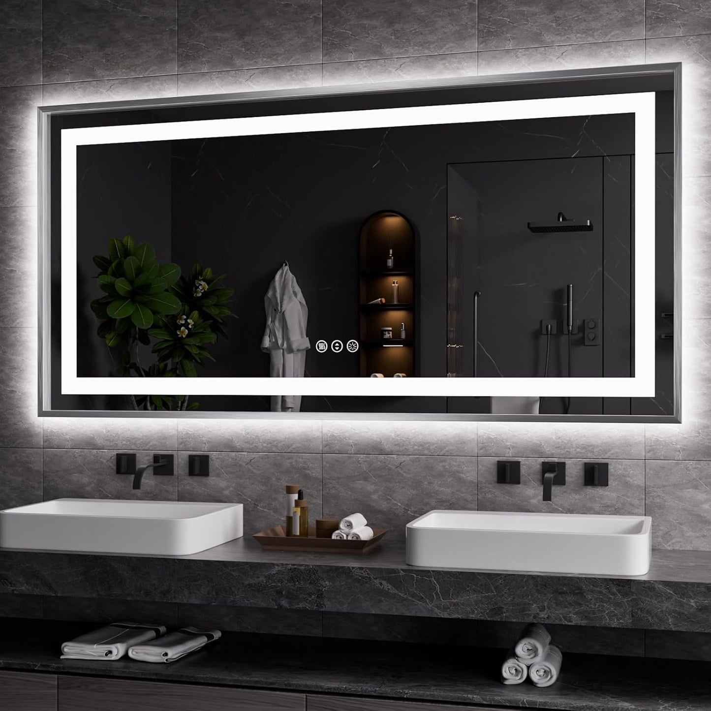 Amorho 60"X30" LED Bathroom Mirror, Brushed Nickel Framed Mirror with Front Light and Backlit, Stepless Dimmable, Anti-Fog, Shatter-Proof, Memory, 3 Colors