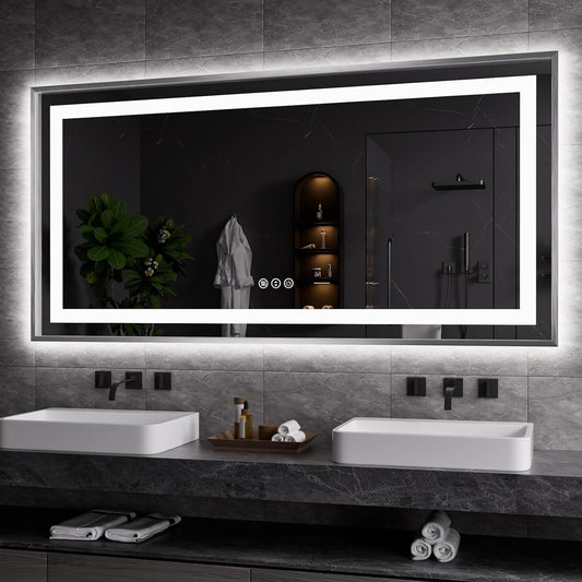 Amorho 60"X30" LED Bathroom Mirror, Brushed Nickel Framed Mirror with Front Light and Backlit, Stepless Dimmable, Anti-Fog, Shatter-Proof, Memory, 3 Colors