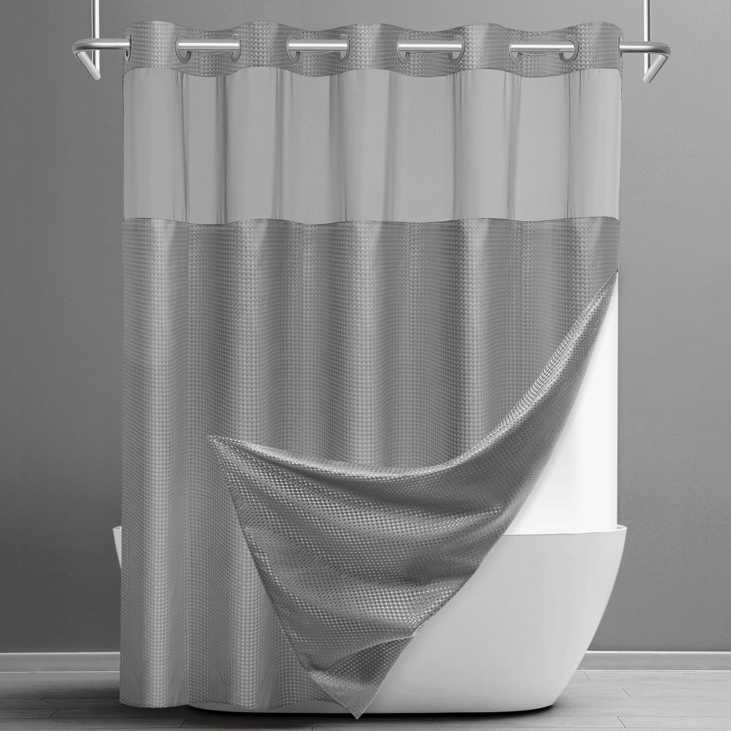 No Hook Shower Curtain with Snap in Liner Set Waffle Shower Curtain for Bathroom Hotel Style Fabric Waterproof Inner Liner，71" W x 86" H, Grey